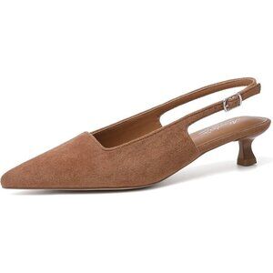 Women's Brown Suede Pointed Closed Toe Slingback Kitten Heels Pumps Party Shoes
